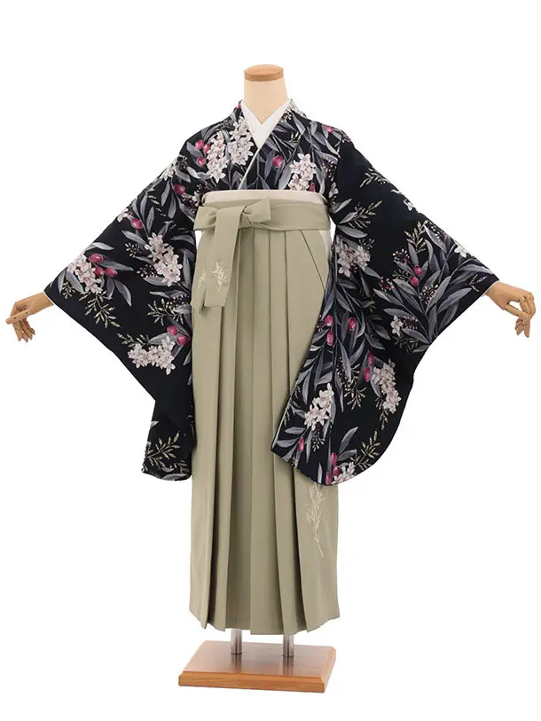 卒業式袴レンタルT564 SUGARKEI ネイビー オリーブの花×モカベージュ