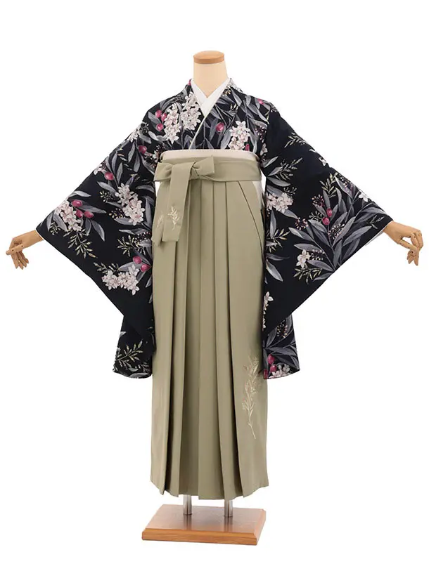 卒業式袴レンタルT564 SUGARKEI ネイビー オリーブの花×モカベージュ