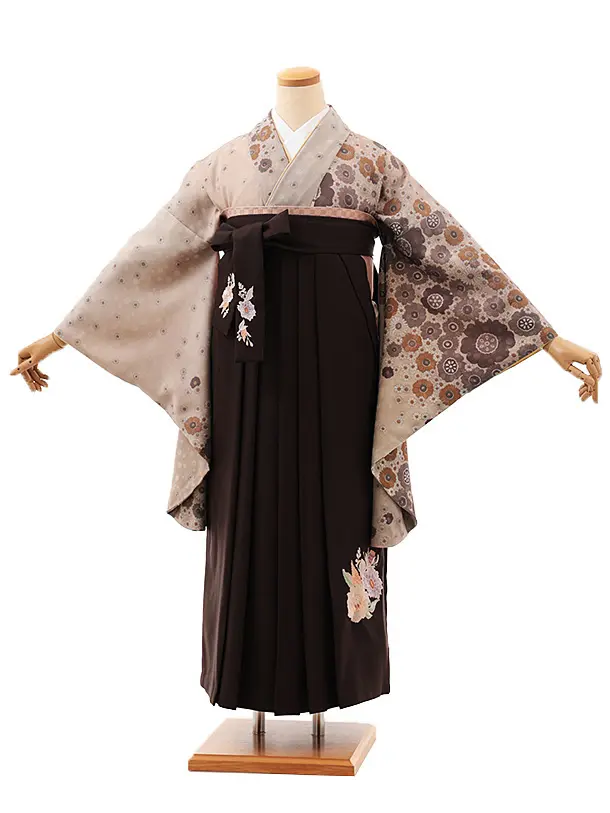 卒業式袴レンタルV541　ベージュ小花×こげ茶