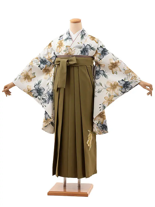 卒業式袴レンタルV602　白地水彩花×オリーブグリーン