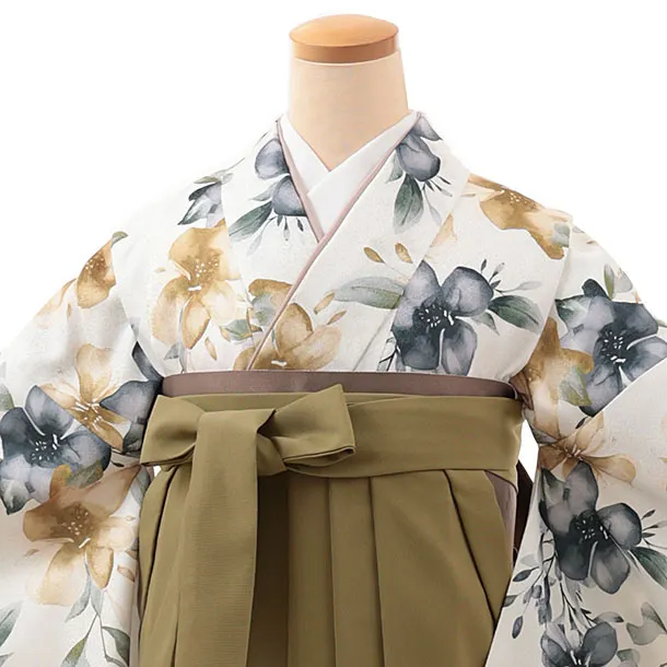 卒業式袴レンタルV602　白地水彩花×オリーブグリーン
