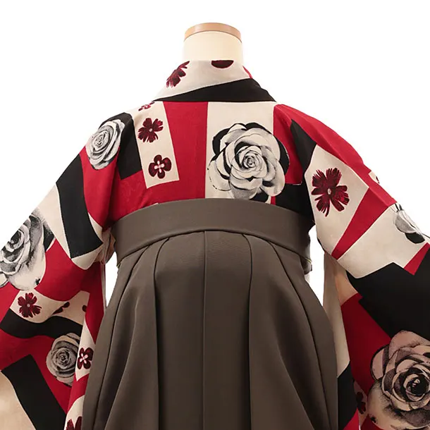 卒業式袴レンタルV637　ﾓﾀﾞﾝｱﾝﾃﾅ 赤薔薇×カーキイエロー