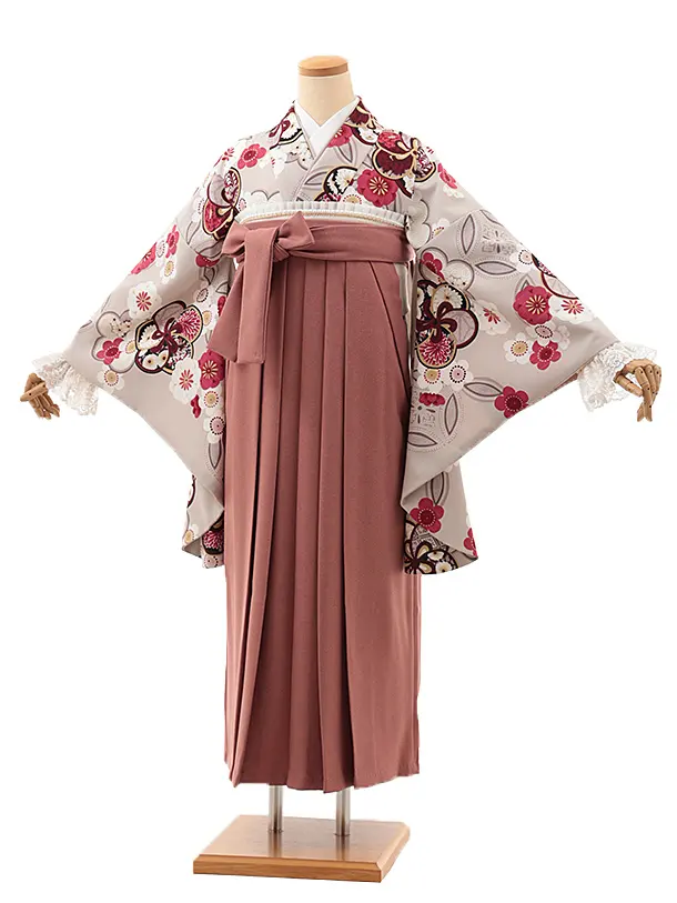 卒業式袴レンタルV917【レース】　グレージュ銀通し梅×ポリツィードピンク