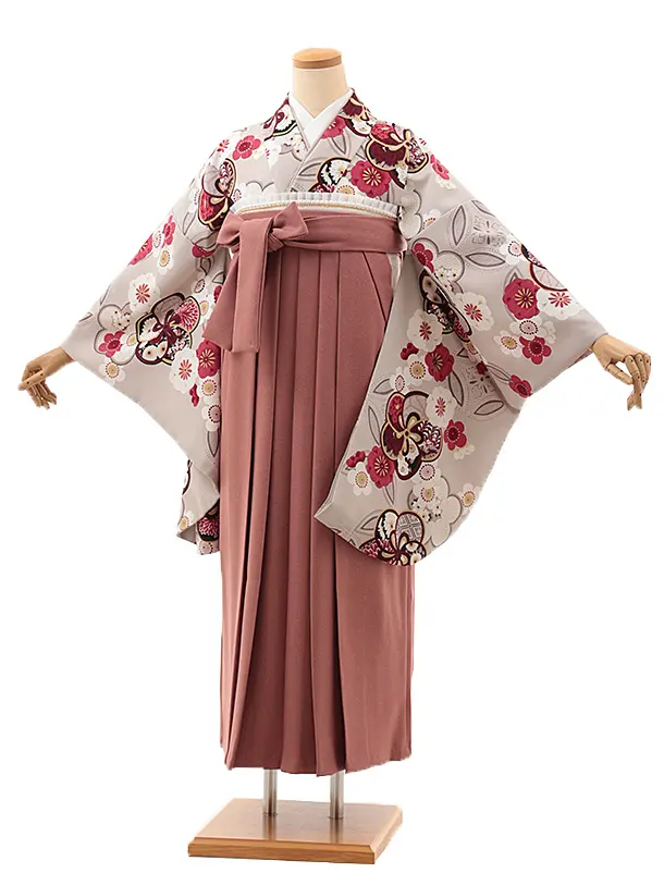卒業式袴レンタルV917【レース】　グレージュ銀通し梅×ポリツィードピンク