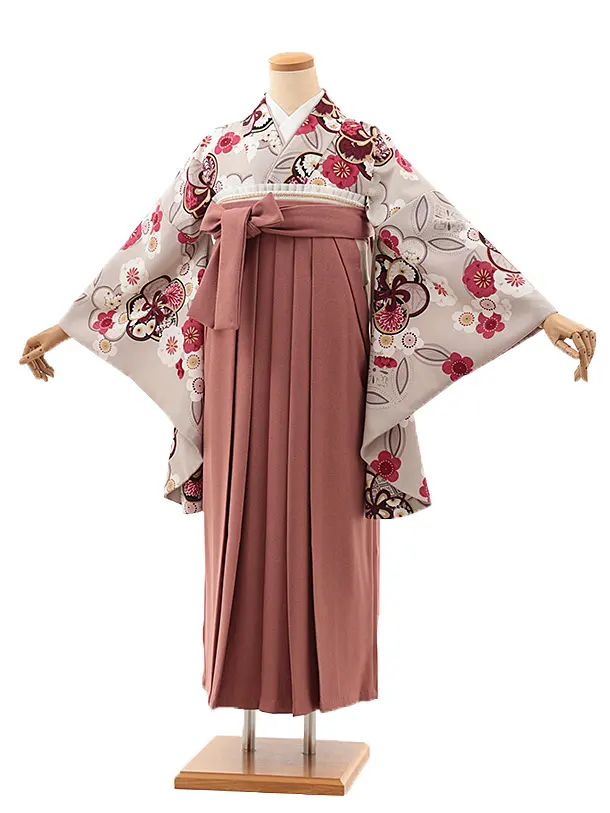 卒業式袴レンタルV917【レース】　グレージュ銀通し梅×ポリツィードピンク
