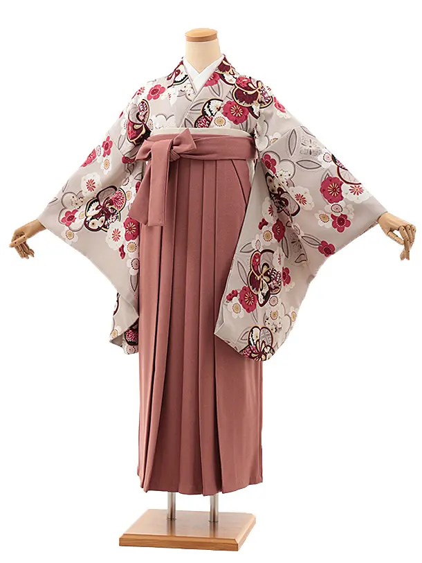 卒業式袴レンタルV917【レース】　グレージュ銀通し梅×ポリツィードピンク