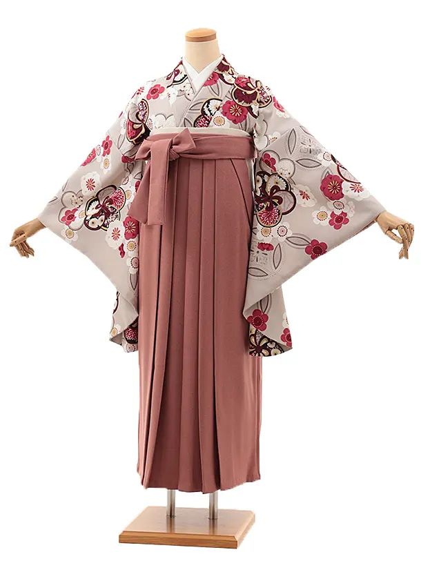 卒業式袴レンタルV917【レース】　グレージュ銀通し梅×ポリツィードピンク