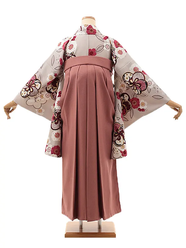 卒業式袴レンタルV917【レース】　グレージュ銀通し梅×ポリツィードピンク