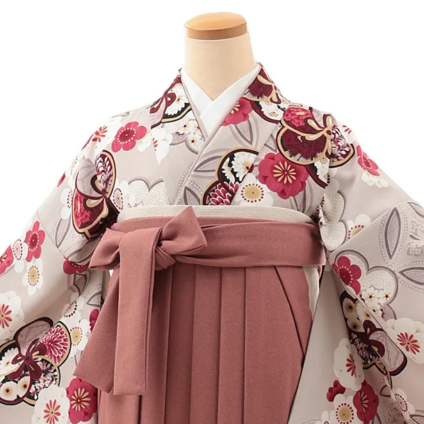 卒業式袴レンタルV917【レース】　グレージュ銀通し梅×ポリツィードピンク