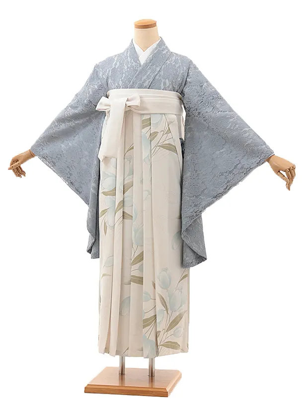 卒業式袴レンタルV982　ブルーグレーレース×ホワイトガーデン