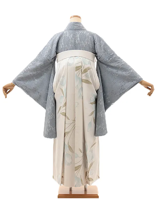 卒業式袴レンタルV982　ブルーグレーレース×ホワイトガーデン