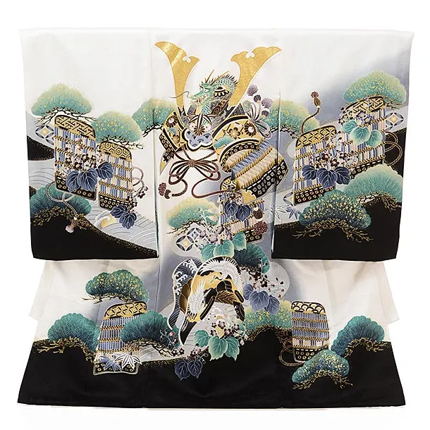 男児産着 お宮参り レンタル  正絹 1609 白地裾黒松兜