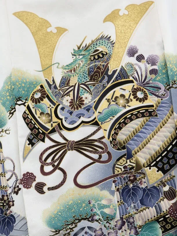 男児産着 お宮参り レンタル  正絹 1609 白地裾黒松兜