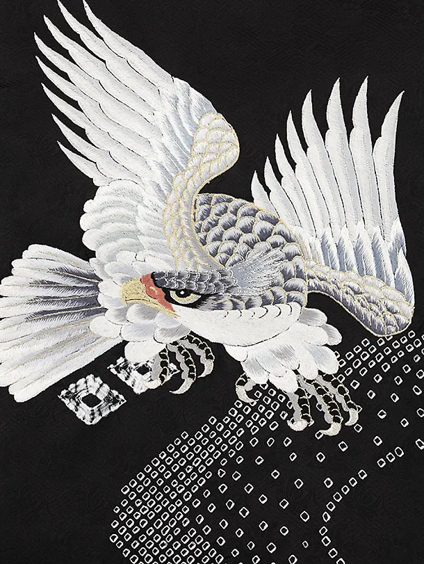 男児産着 お宮参りレンタル2749【正絹】黒地 鷹刺繍 金亀甲紋
