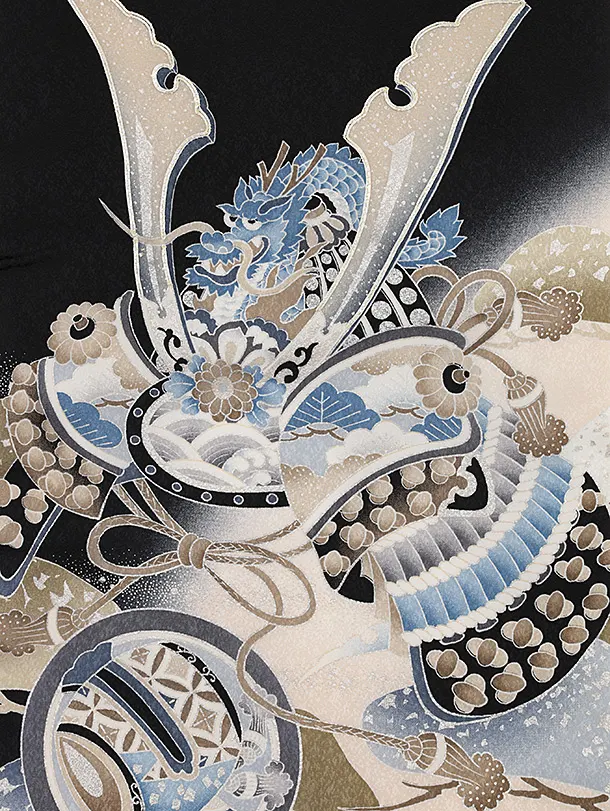 男児産着 お宮参りレンタル2787【正絹】黒地 兜に打ち出の小槌 松