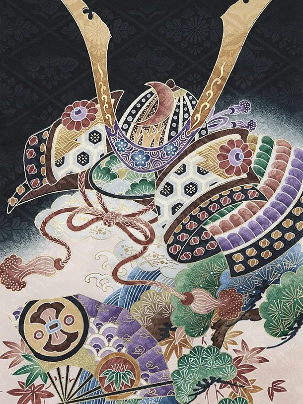 夏用 男児産着 お宮参り 2818 単衣 黒地 兜に松