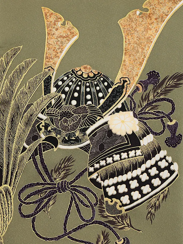 男児産着 お宮参りレンタル2823 抹茶色 兜 鷹