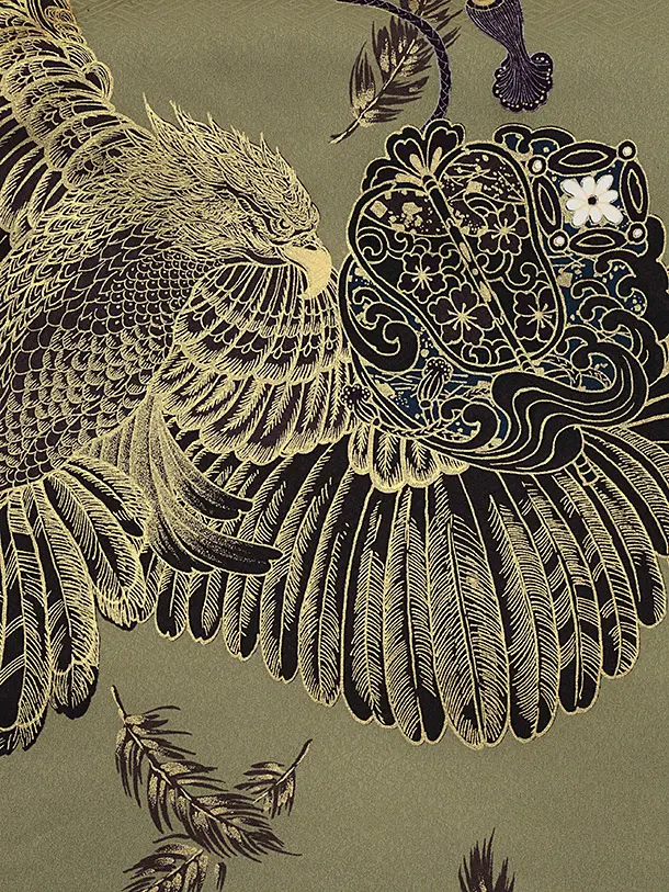 男児産着 お宮参りレンタル2823 抹茶色 兜 鷹