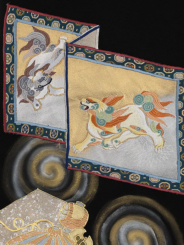 男児産着 お宮参りレンタル2832【高級正絹】黒地 刺繍 唐獅子