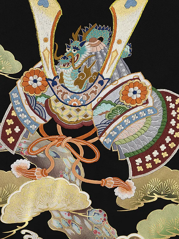 男児産着 お宮参りレンタル2853【正絹】黒地 兜刺繍 武具に吉祥松