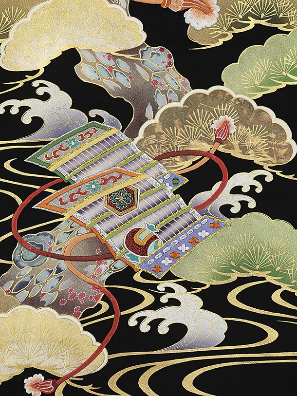 男児産着 お宮参りレンタル2853【正絹】黒地 兜刺繍 武具に吉祥松