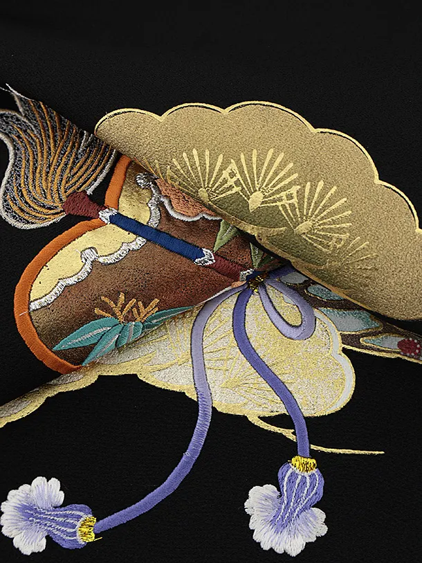 男児産着 お宮参りレンタル2853【正絹】黒地 兜刺繍 武具に吉祥松