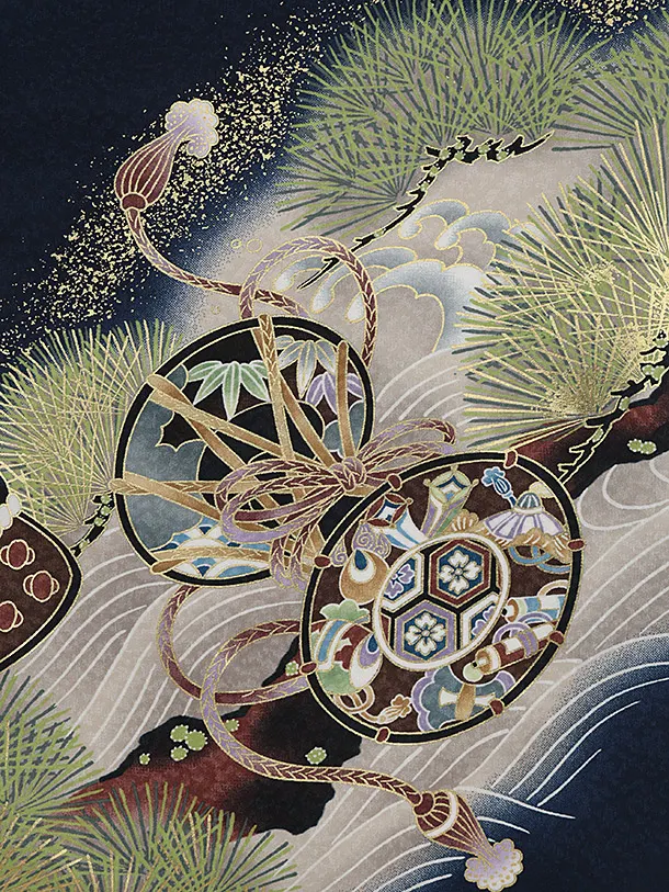 男児産着 お宮参りレンタル2856 紺地 兜に松 波