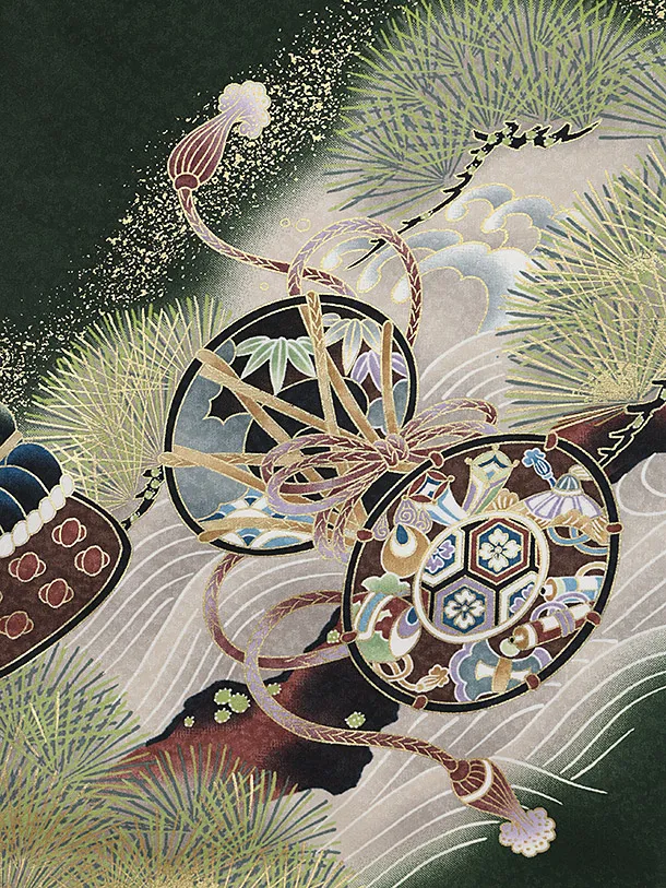 男児産着 お宮参りレンタル2857 緑地 兜と小槌 松波