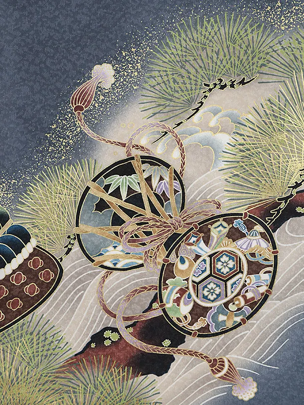 男児産着 お宮参りレンタル2858 グレー地 兜と小槌 松波