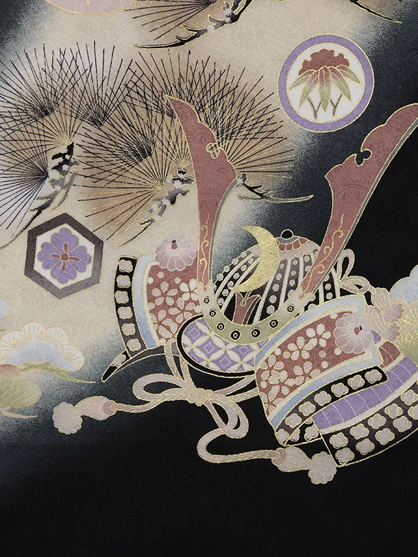 男児産着 お宮参りレンタル2894【正絹】黒地 鷹と兜 宝尽くしに丸紋