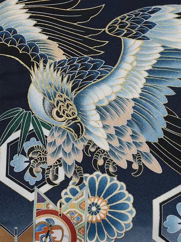 男児産着 お宮参りレンタル2917 紺地 亀甲紋に矢羽根 鷹