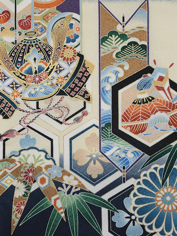 男児産着 お宮参りレンタル2917 紺地 亀甲紋に矢羽根 鷹