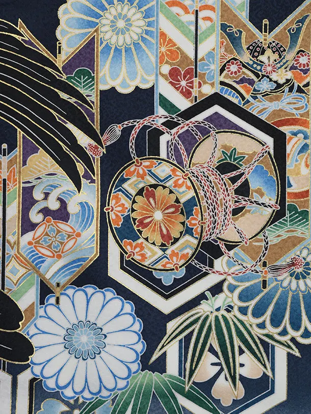 男児産着 お宮参りレンタル2917 紺地 亀甲紋に矢羽根 鷹