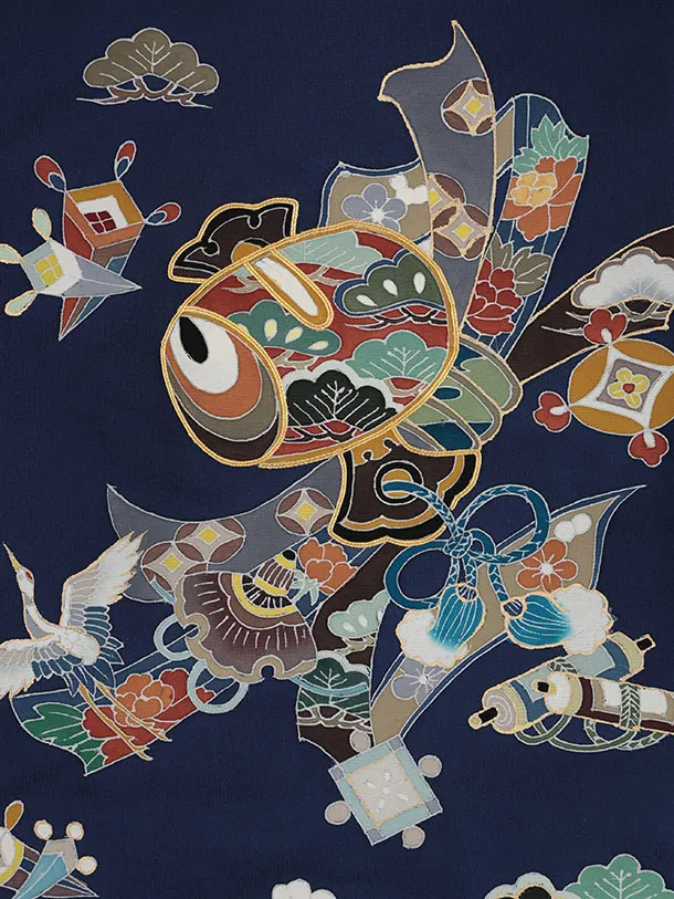 男児産着 お宮参りレンタル2932【正絹】紺地 熨斗に宝尽くし