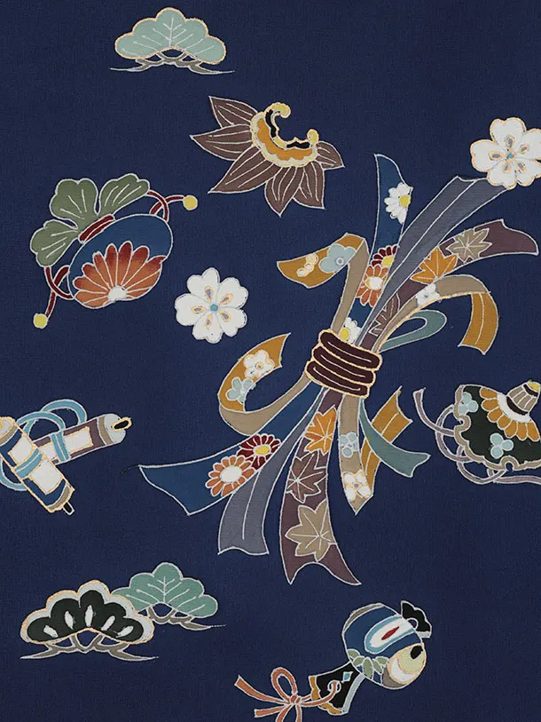 男児産着 お宮参りレンタル2932【正絹】紺地 熨斗に宝尽くし