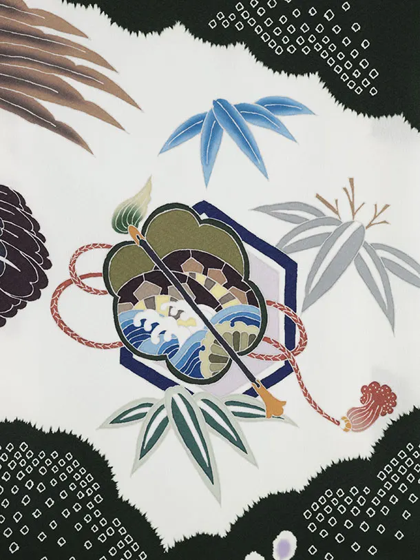 男児産着 お宮参りレンタル2934 グリーン 雲取り 鷹と兜 松