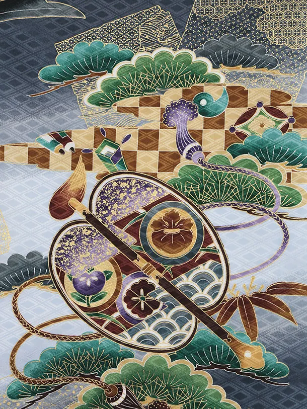 男児産着 お宮参りレンタル2939 グレー地鷹 御所車に松