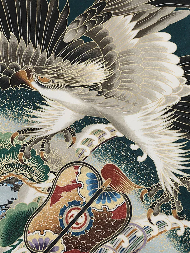 男児産着 お宮参りレンタル2940 深緑地 鷹に軍配