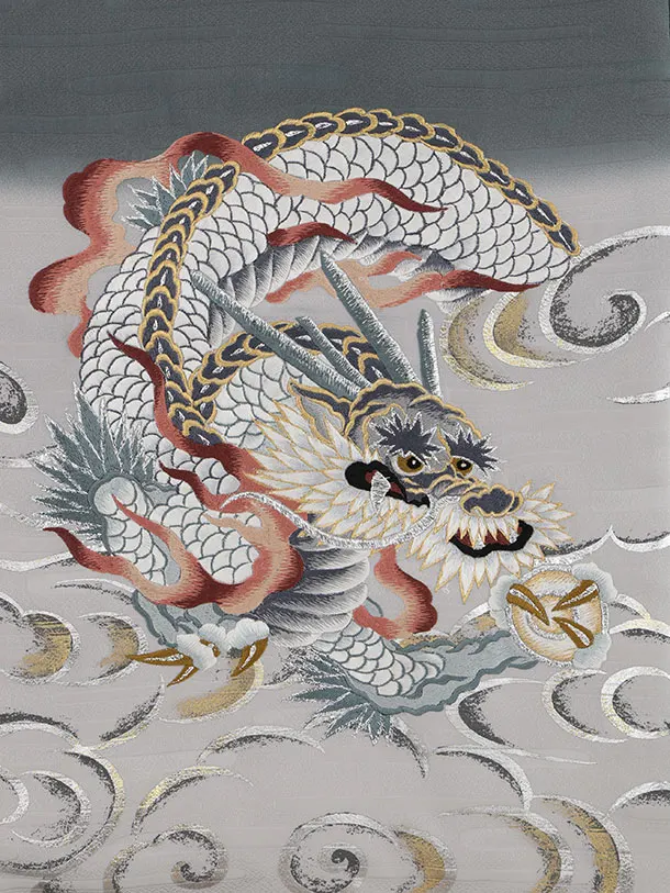 男児産着 お宮参りレンタル2946【正絹】グレー地 龍に虎 瑞雲