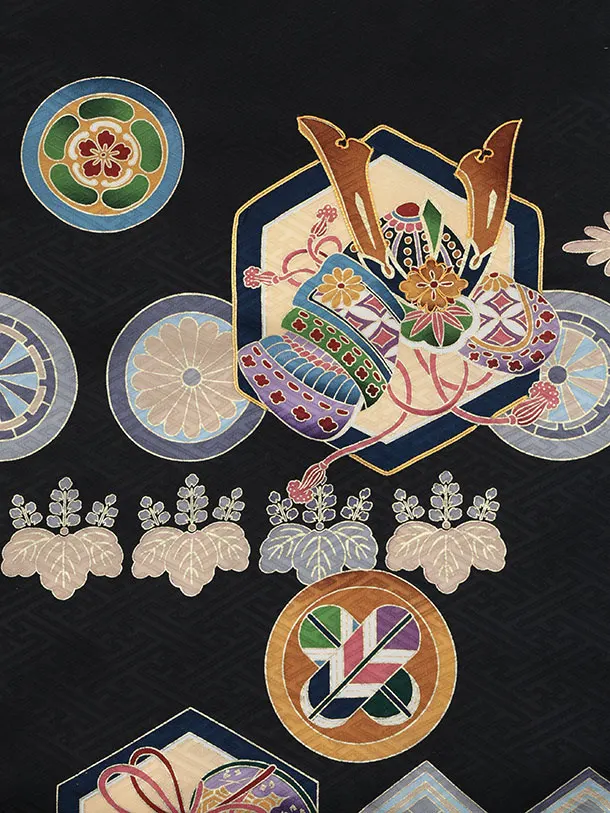 男児産着 お宮参りレンタル2947【正絹】黒地 兜に丸紋