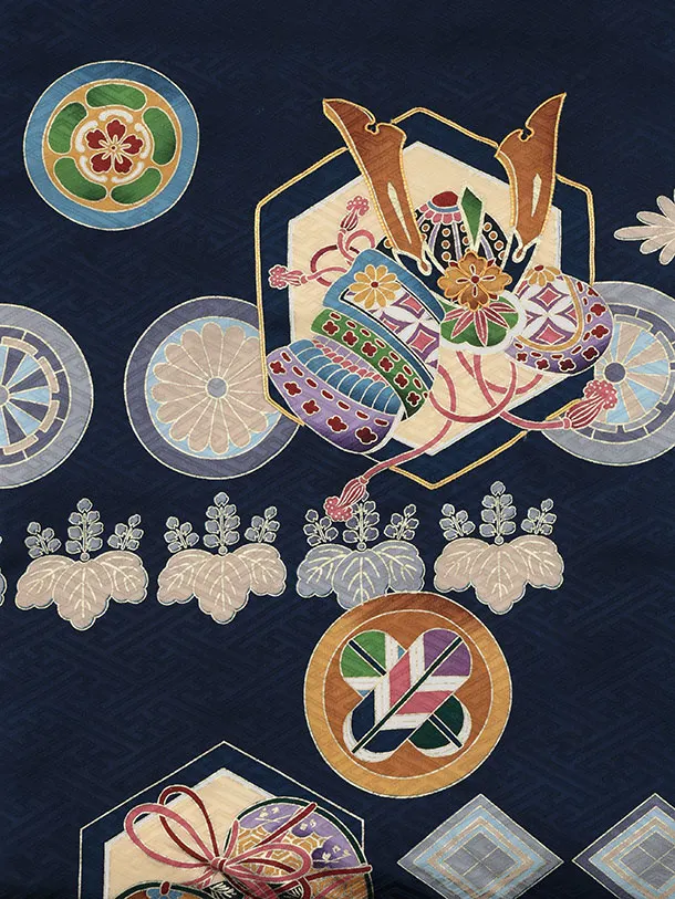 男児産着 お宮参りレンタル2948【正絹】紺地 兜に丸紋