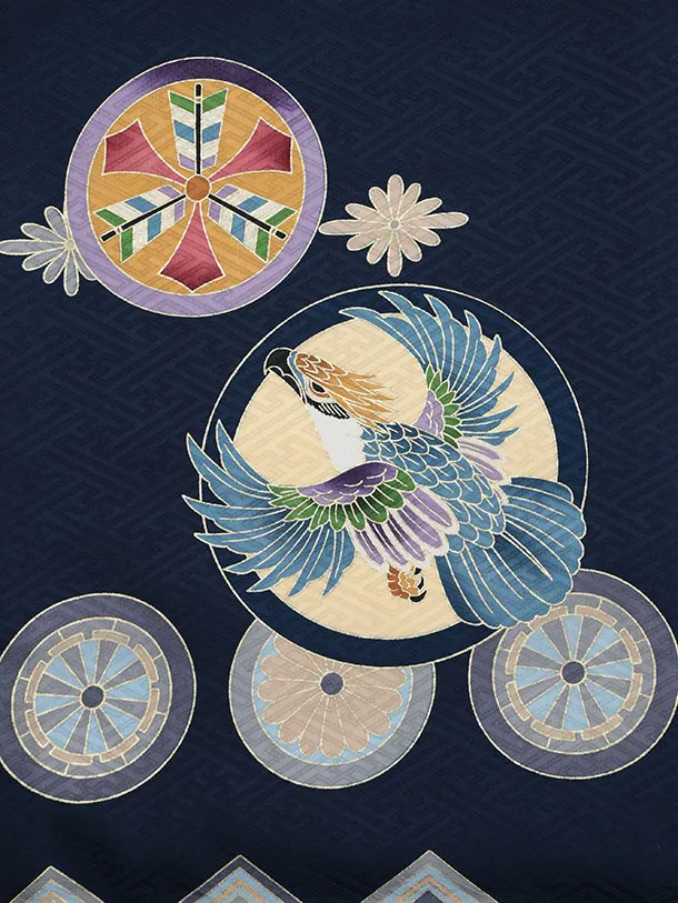 男児産着 お宮参りレンタル2948【正絹】紺地 兜に丸紋