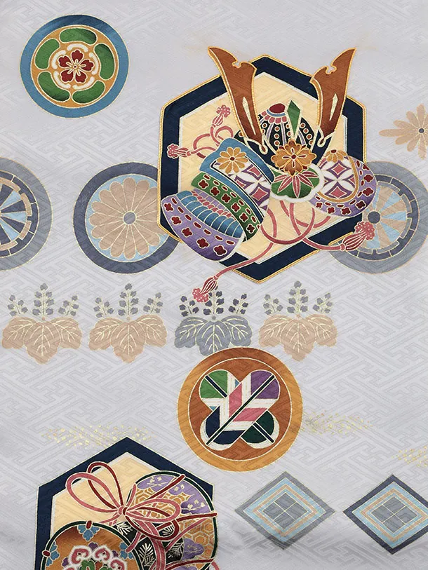 男児産着 お宮参りレンタル2949【正絹】シルバーグレー 兜に丸紋