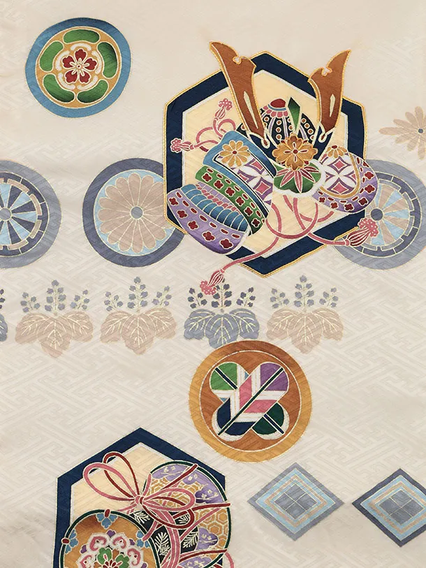 男児産着 お宮参りレンタル2950【正絹】ベージュ 兜に丸紋