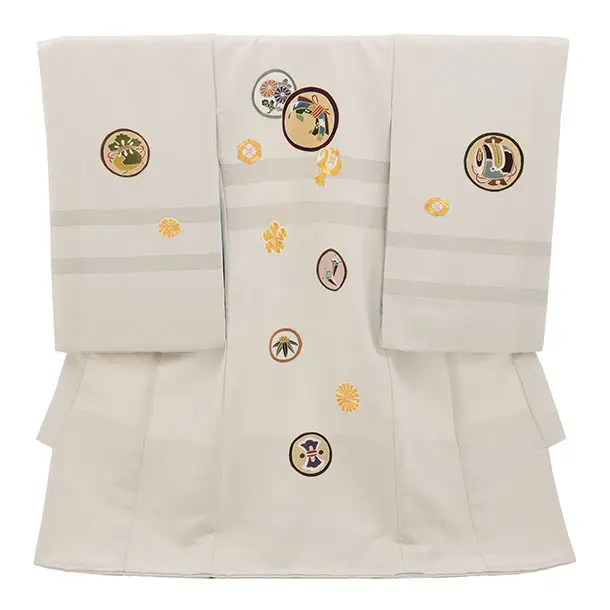 男児産着 お宮参りレンタル2951【正絹】伝産京友禅 薄グレー金コマ刺繍に丸紋