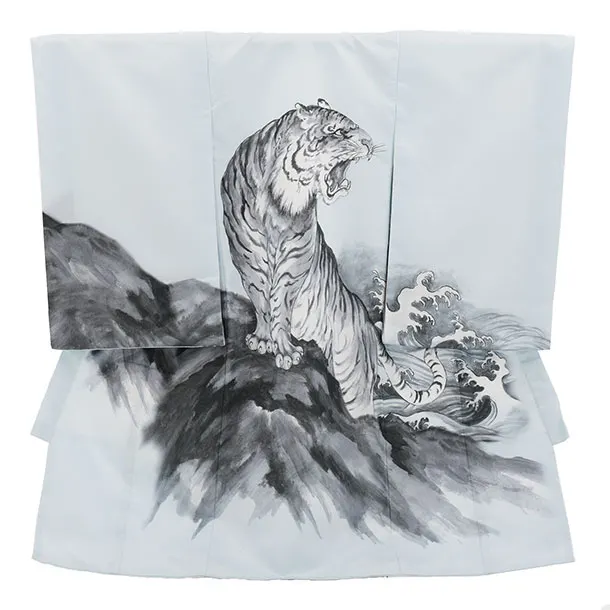 男児産着 お宮参りレンタル2953 水色 虎 水墨画調