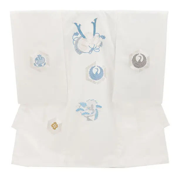 男児産着 お宮参りレンタル2954 白地 刺繍 兜 鶴