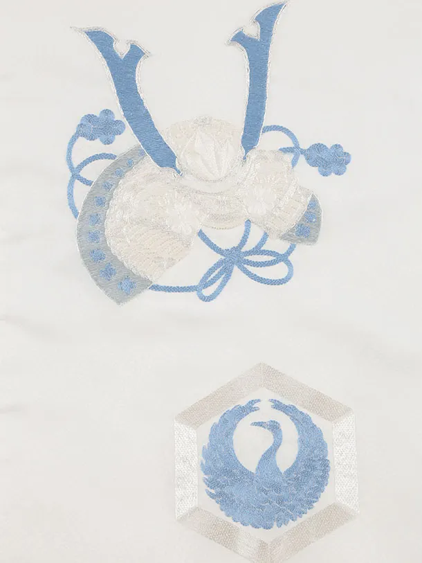 男児産着 お宮参りレンタル2954 白地 刺繍 兜 鶴