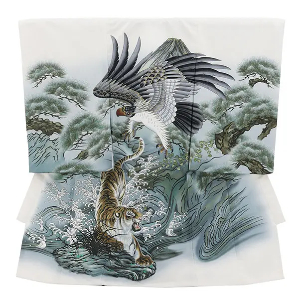 男児産着 お宮参りレンタル2956 白地 鷹 虎 松