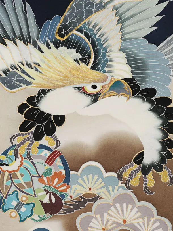 男児産着 お宮参りレンタル2992【正絹】 紺地 鷹に吉祥文様